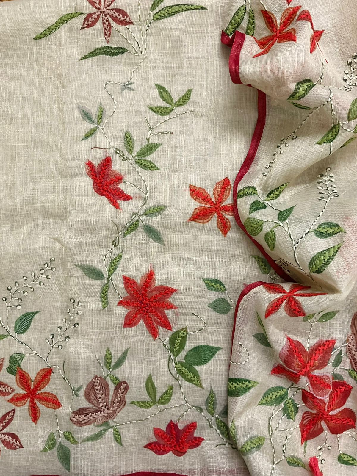 Soft Tissue Slub Cotton Printed Embroidered Suit - Beige