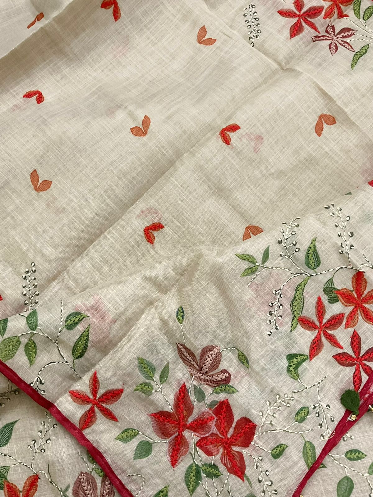 Soft Tissue Slub Cotton Printed Embroidered Suit - Beige