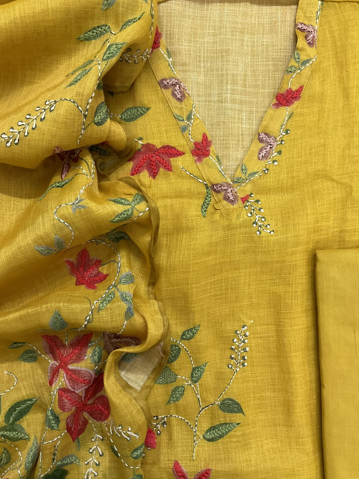 Soft Tissue Slub Cotton Printed Embroidered Suit - Yellow