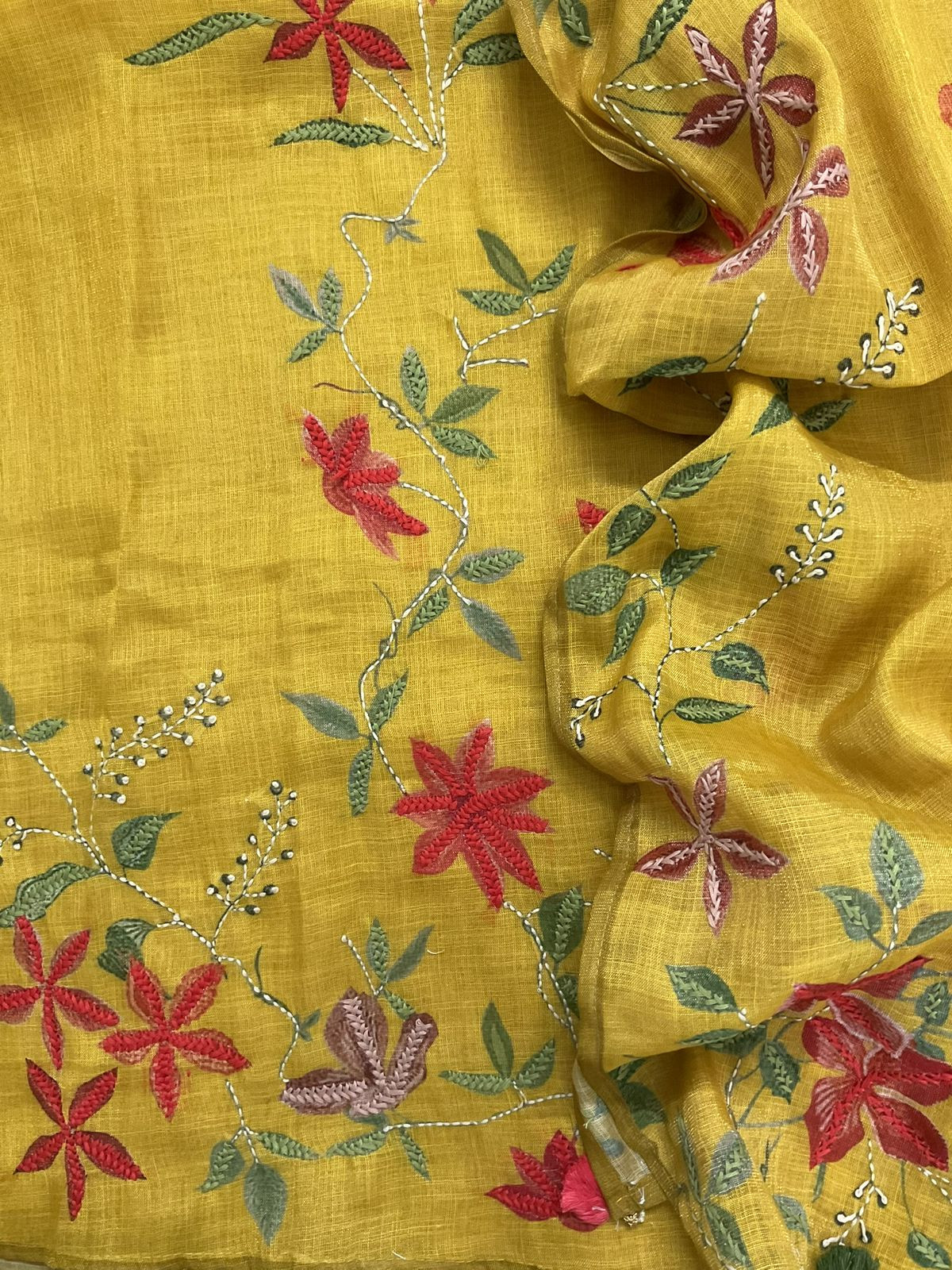 Soft Tissue Slub Cotton Printed Embroidered Suit - Yellow