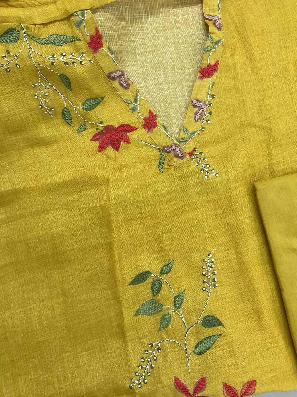 Soft Tissue Slub Cotton Printed Embroidered Suit - Yellow