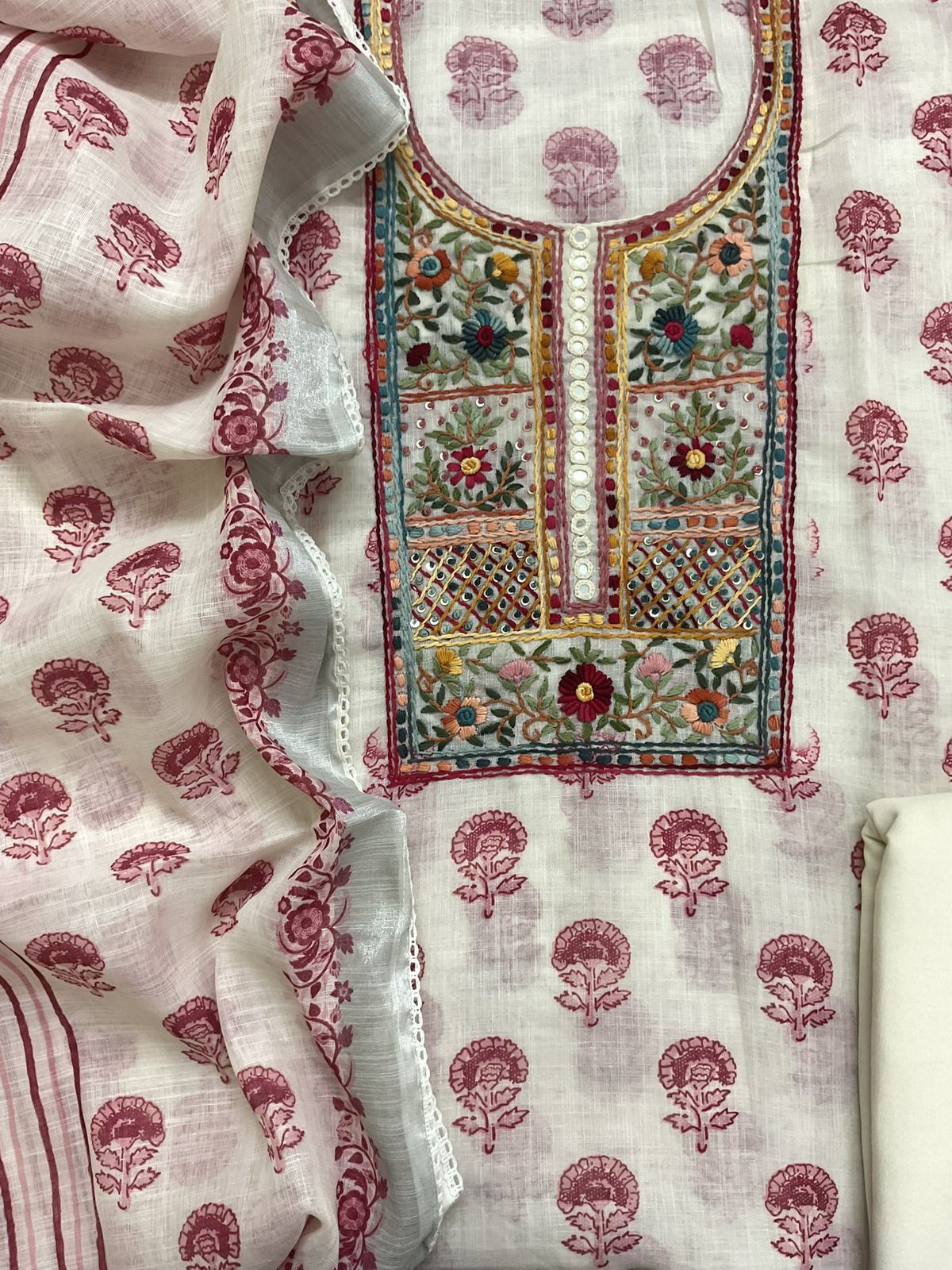 Soft Linen Jute Cotton Printed Embroidered Suit - Off White