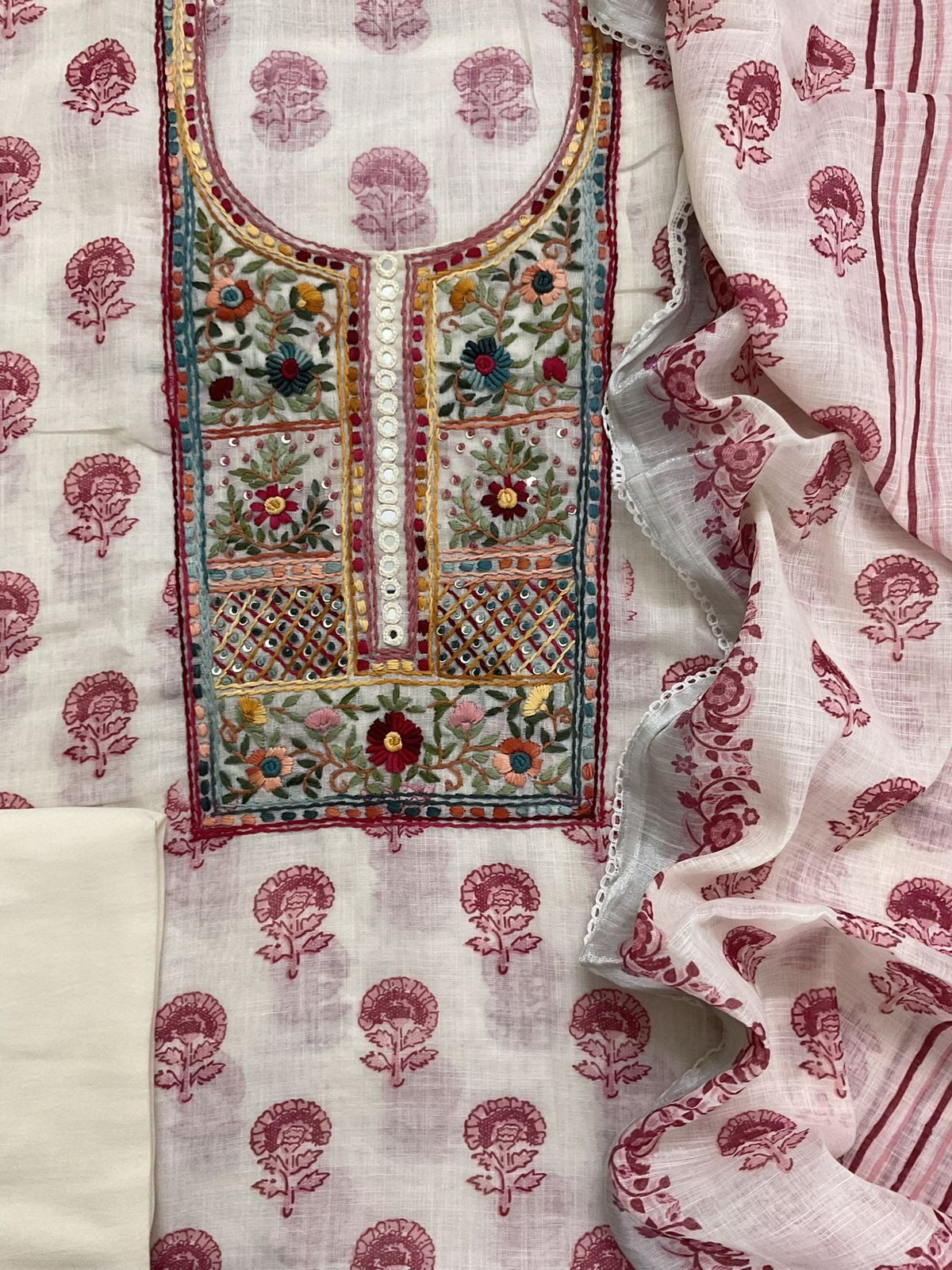 Soft Linen Jute Cotton Printed Embroidered Suit - Off White