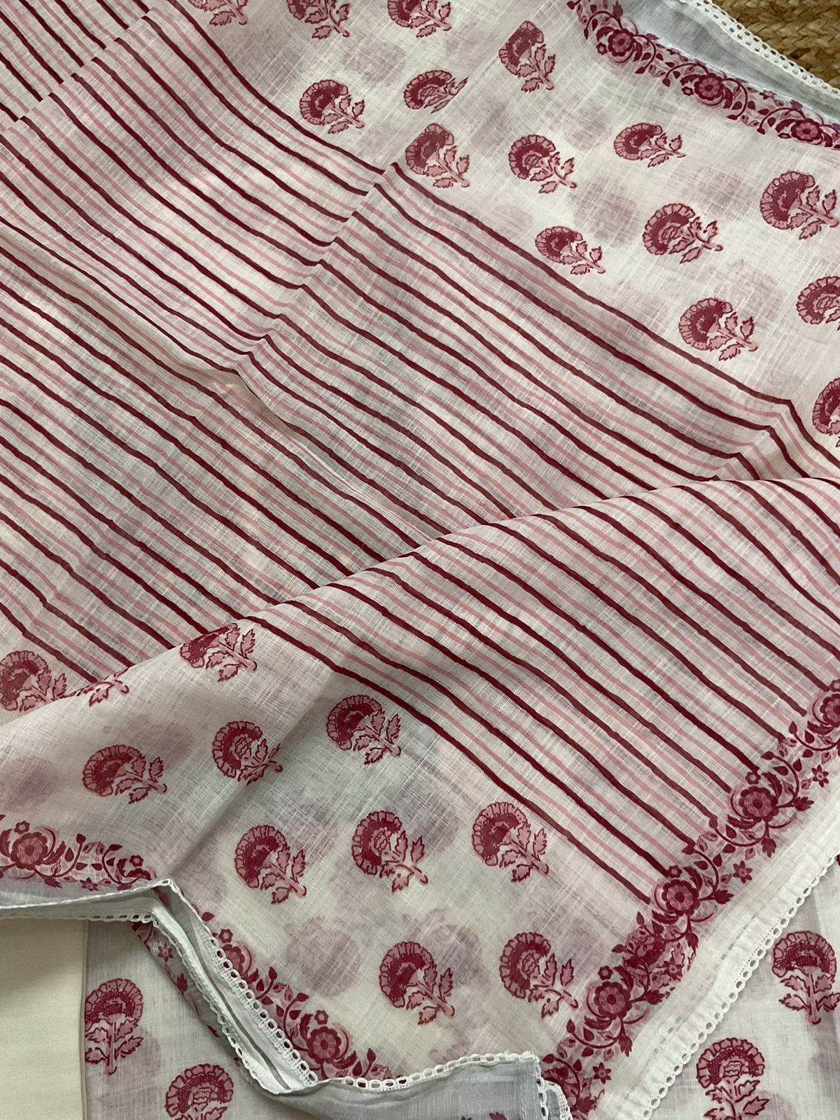 Soft Linen Jute Cotton Printed Embroidered Suit - Off White