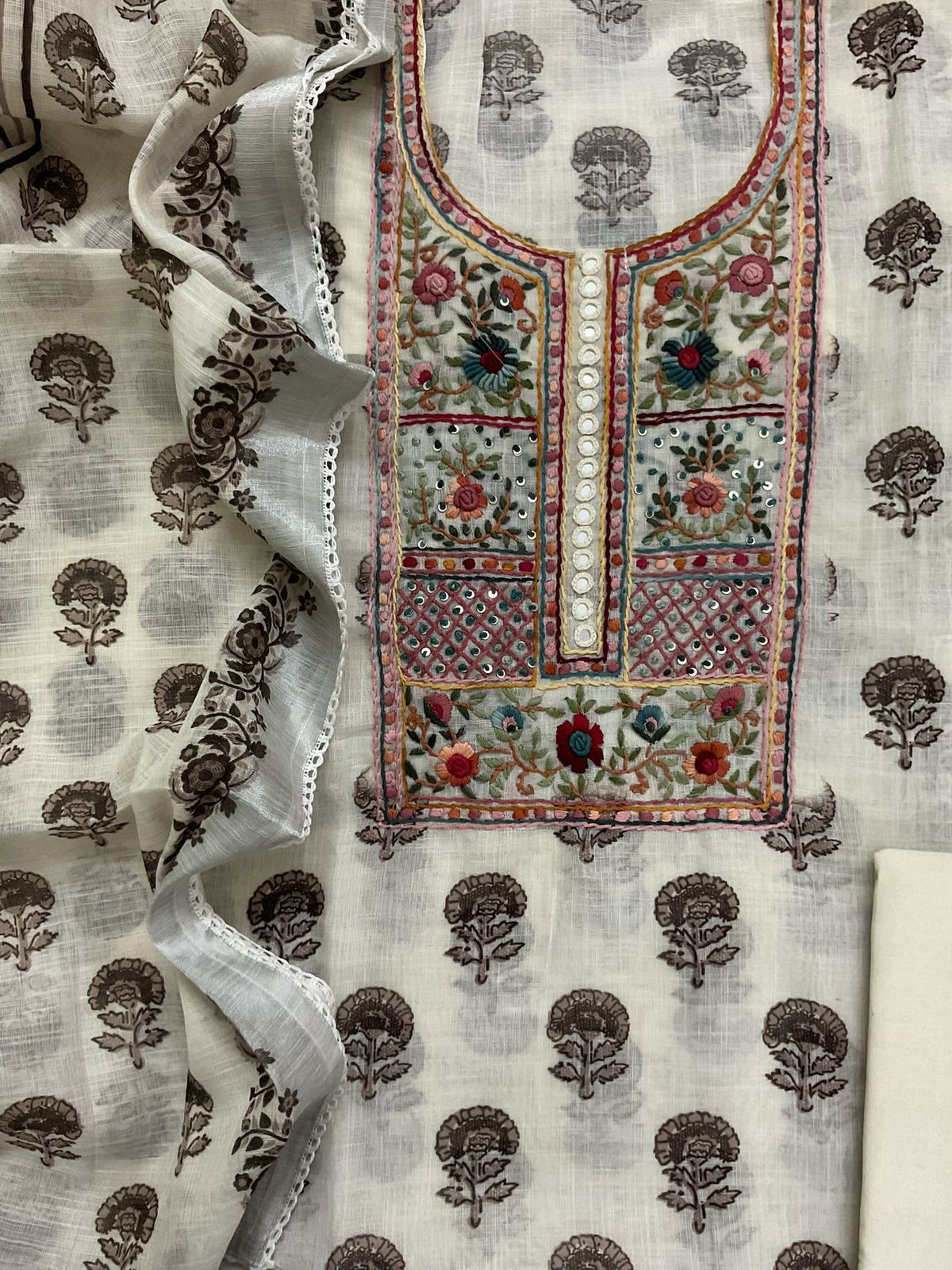 Soft Linen Jute Cotton Printed Embroidered Suit - Off White