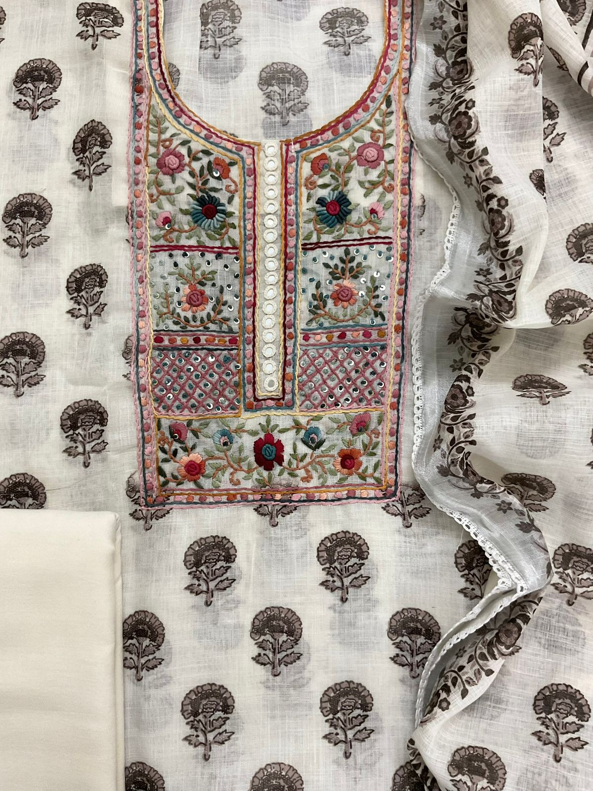 Soft Linen Jute Cotton Printed Embroidered Suit - Off White