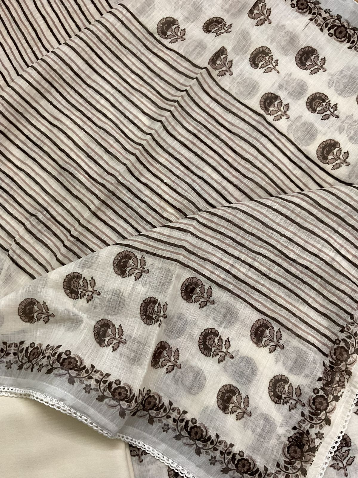 Soft Linen Jute Cotton Printed Embroidered Suit - Off White