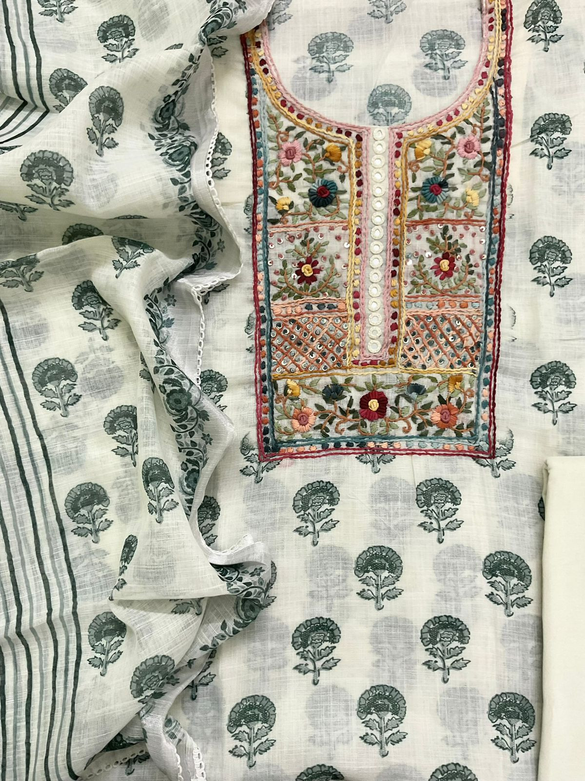 Soft Linen Jute Cotton Printed Embroidered Suit - Off White