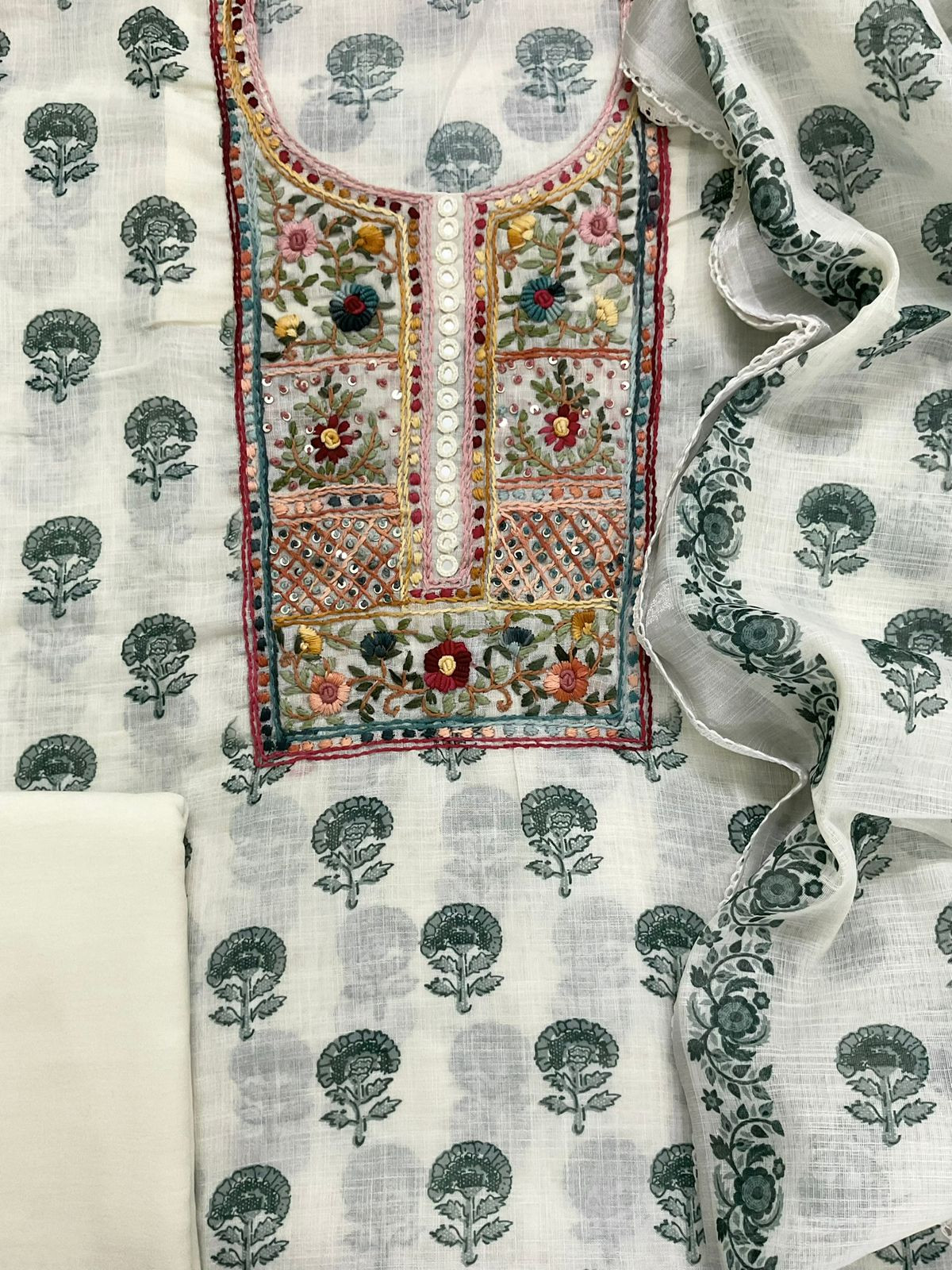 Soft Linen Jute Cotton Printed Embroidered Suit - Off White