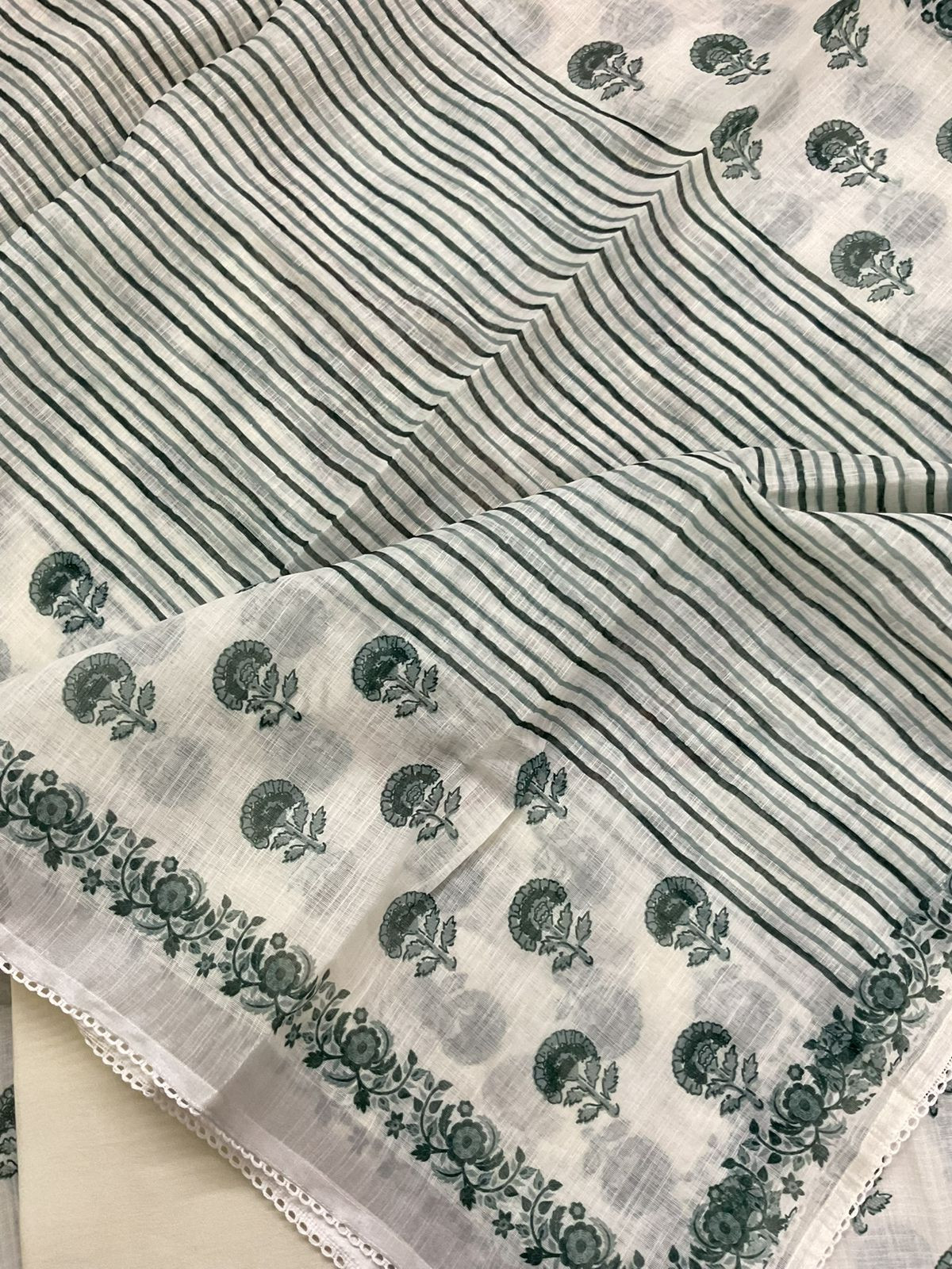 Soft Linen Jute Cotton Printed Embroidered Suit - Off White