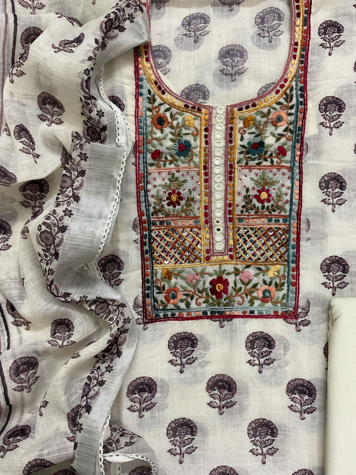 Soft Linen Jute Cotton Printed Embroidered Suit - Off White