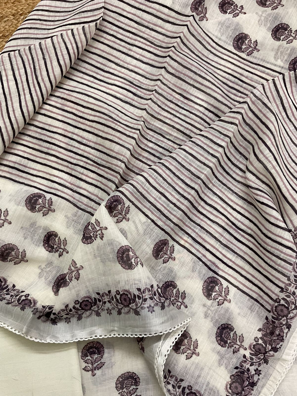 Soft Linen Jute Cotton Printed Embroidered Suit - Off White