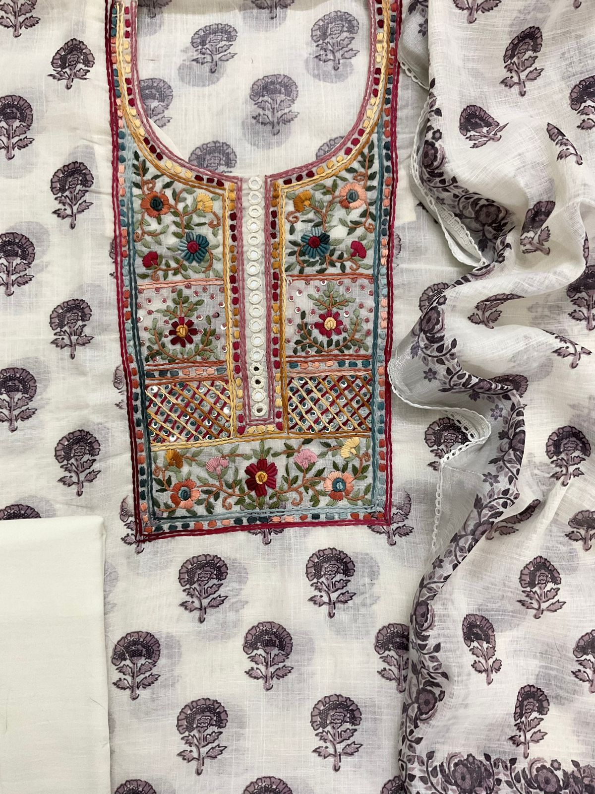 Soft Linen Jute Cotton Printed Embroidered Suit - Off White