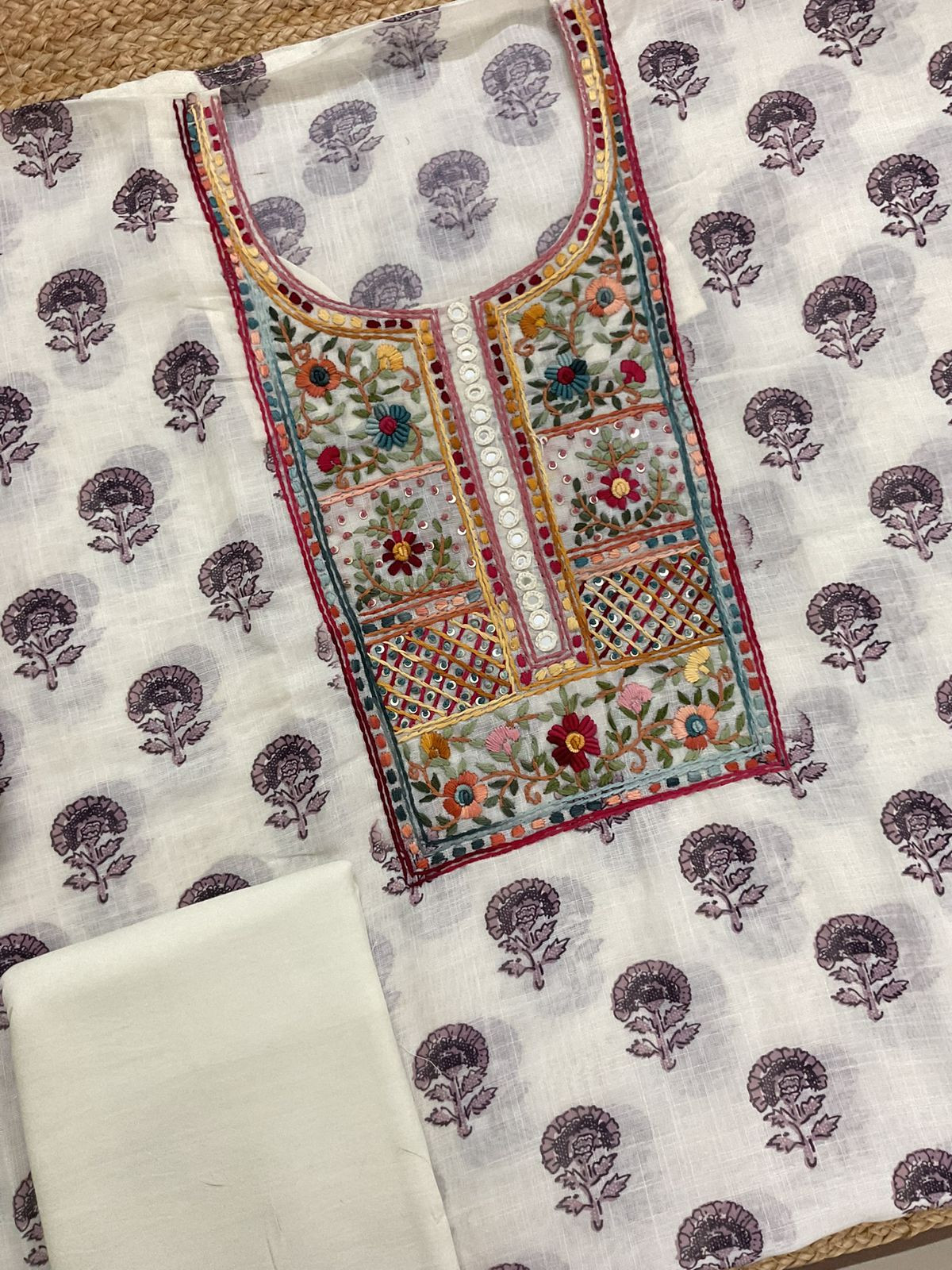 Soft Linen Jute Cotton Printed Embroidered Suit - Off White