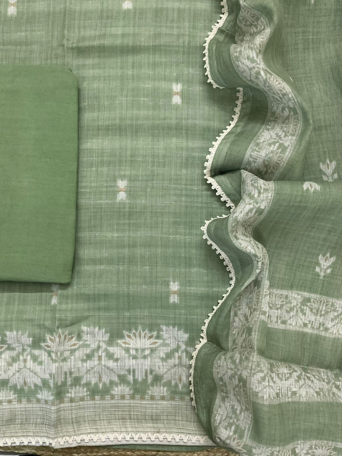 Soft Linen Jute Cotton Printed Embroidered Suit - Green