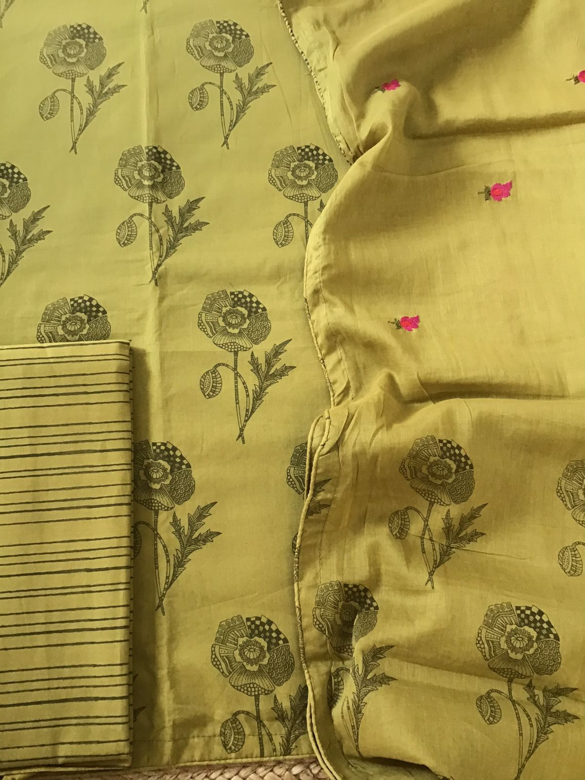 Pure Cotton Printed Embroidered Suit - Yellowish Green