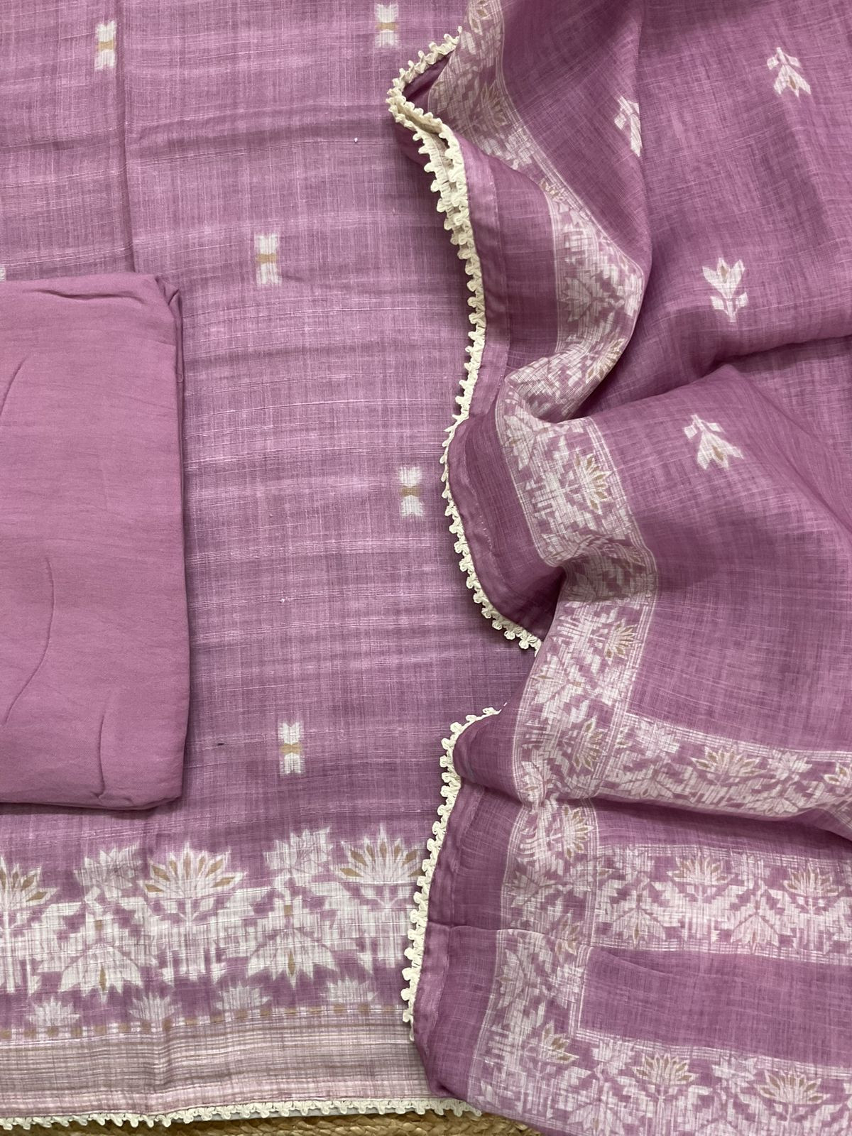 Soft Linen Jute Cotton Printed Embroidered Suit - Purple