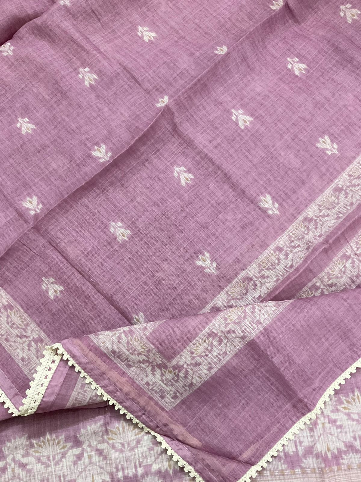 Soft Linen Jute Cotton Printed Embroidered Suit - Purple