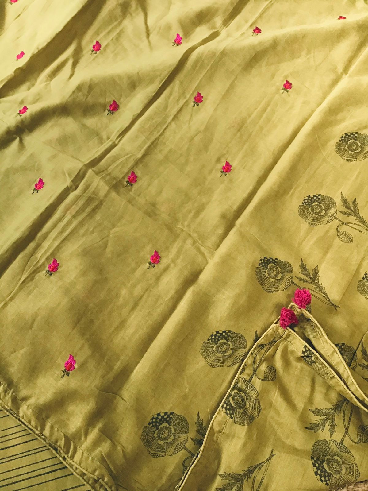 Pure Cotton Printed Embroidered Suit - Yellowish Green