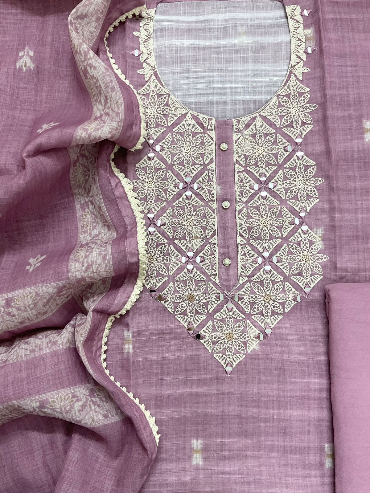 Soft Linen Jute Cotton Printed Embroidered Suit - Purple