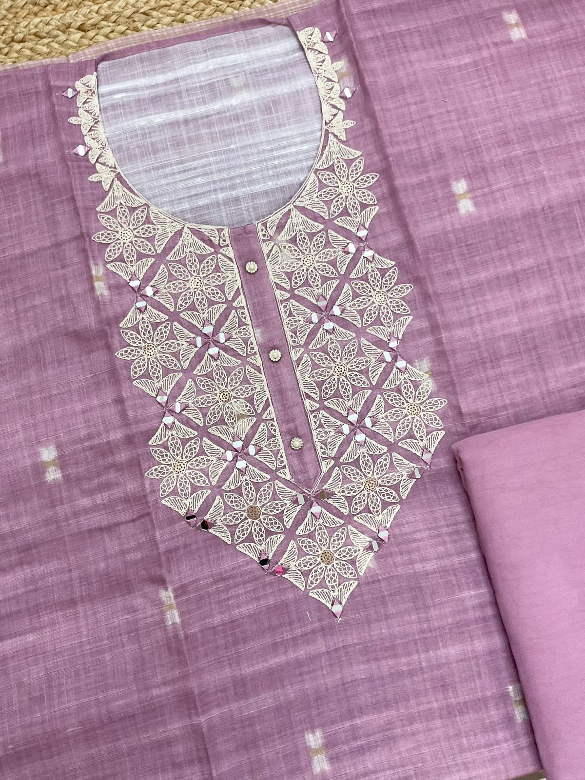 Soft Linen Jute Cotton Printed Embroidered Suit - Purple