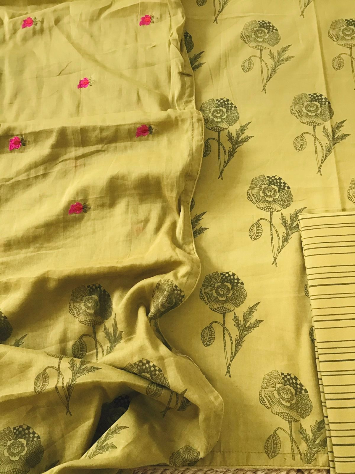 Pure Cotton Printed Embroidered Suit - Yellowish Green