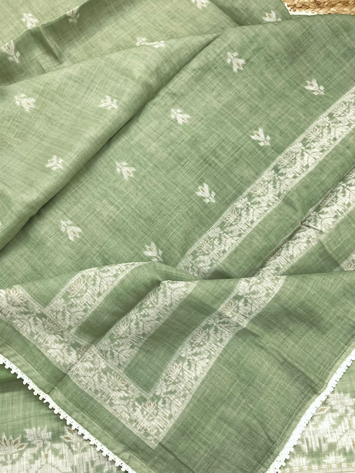 Soft Linen Jute Cotton Printed Embroidered Suit - Green