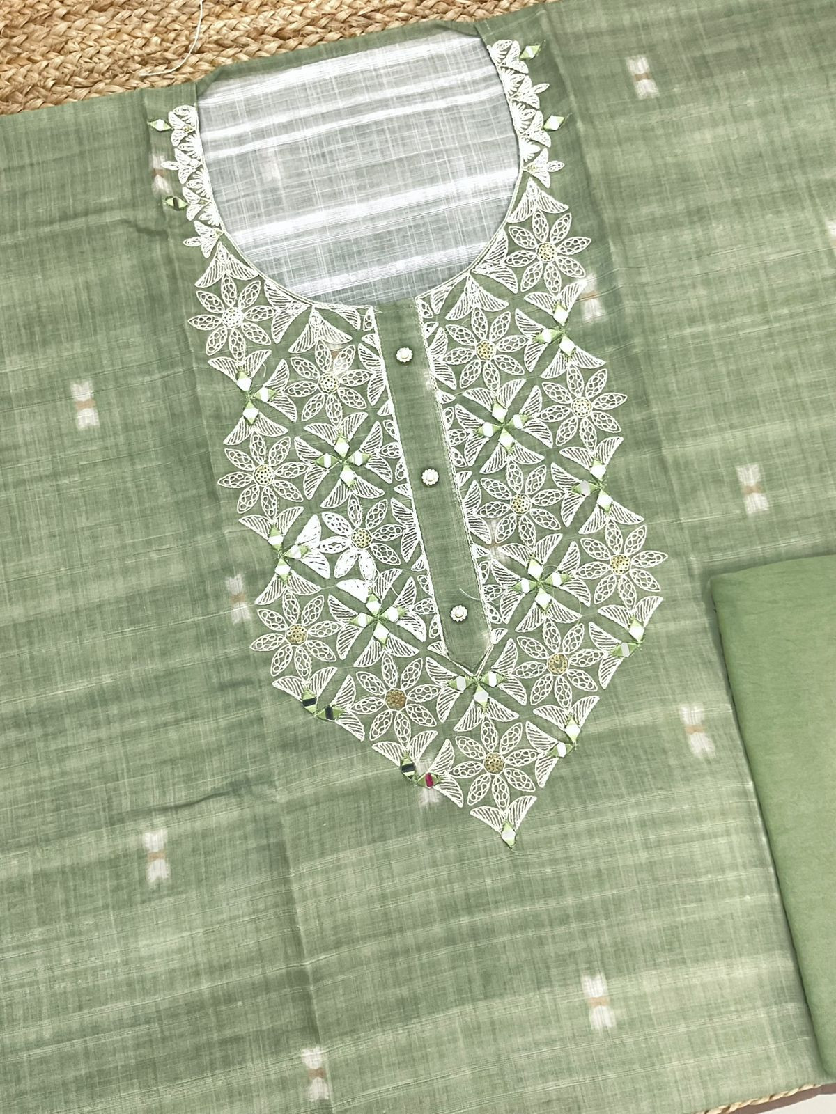 Soft Linen Jute Cotton Printed Embroidered Suit - Green