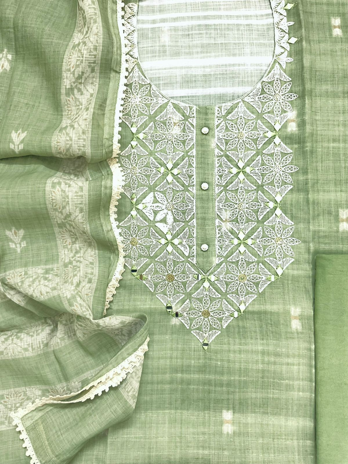 Soft Linen Jute Cotton Printed Embroidered Suit - Green