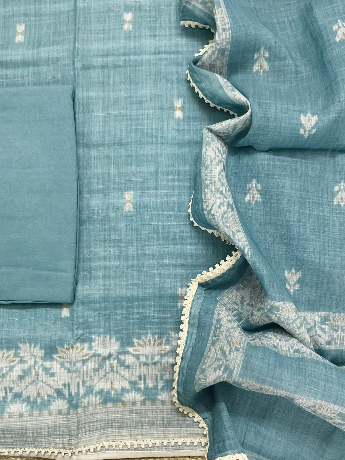 Soft Linen Jute Cotton Printed Embroidered Suit - Blue