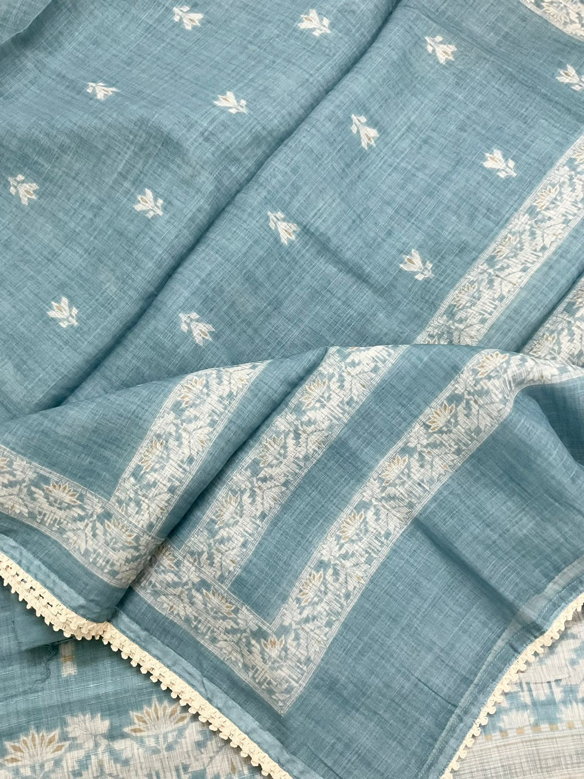 Soft Linen Jute Cotton Printed Embroidered Suit - Blue
