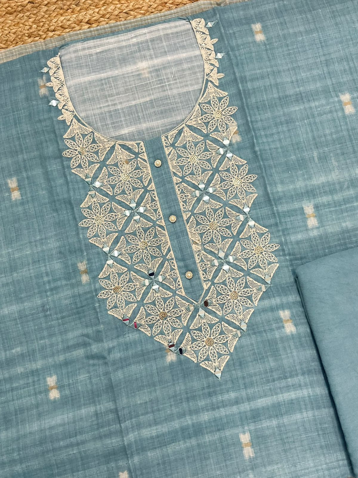 Soft Linen Jute Cotton Printed Embroidered Suit - Blue