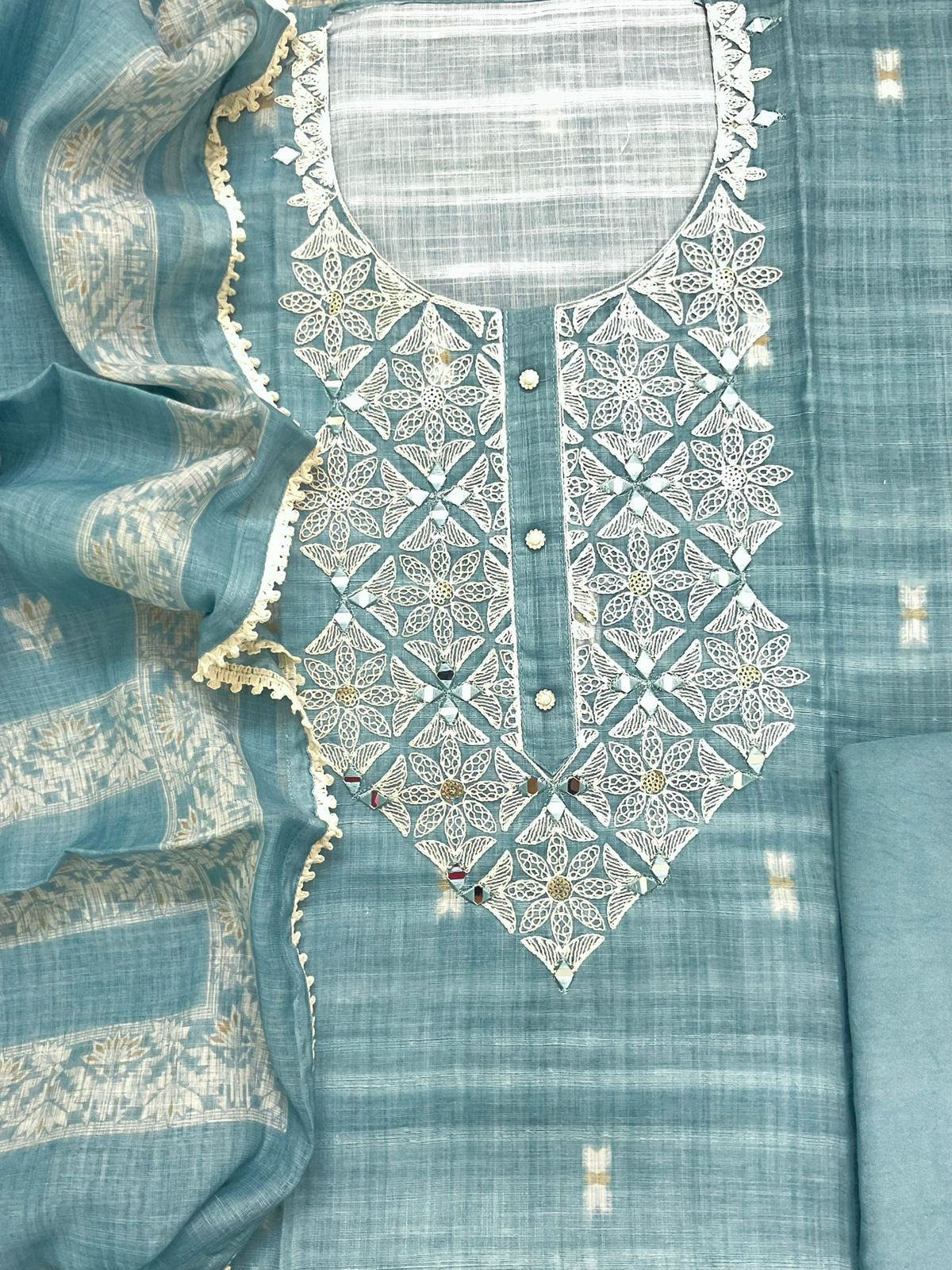 Soft Linen Jute Cotton Printed Embroidered Suit - Blue