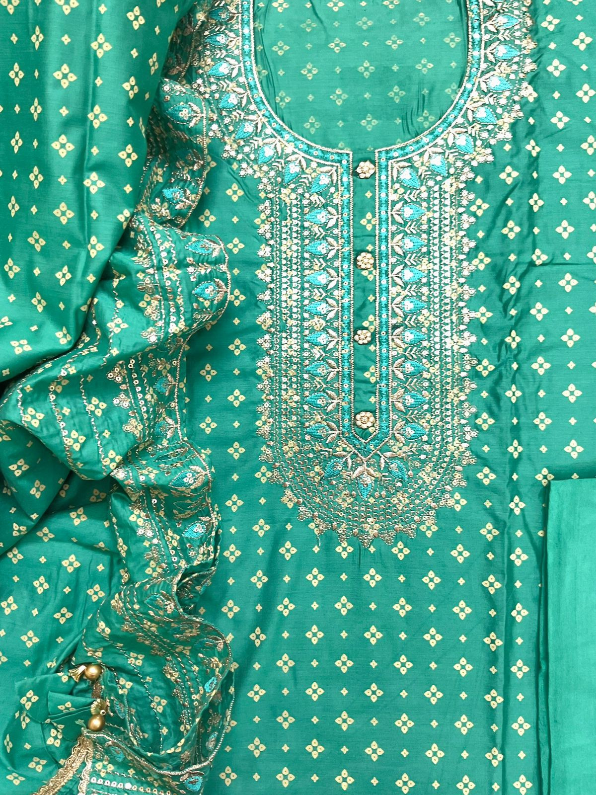 Soft Silk Printed Embroidered Suit - Green