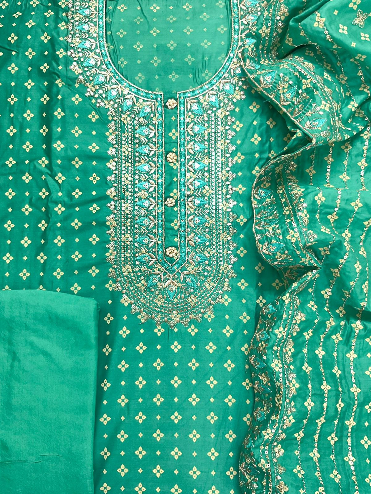 Soft Silk Printed Embroidered Suit - Green