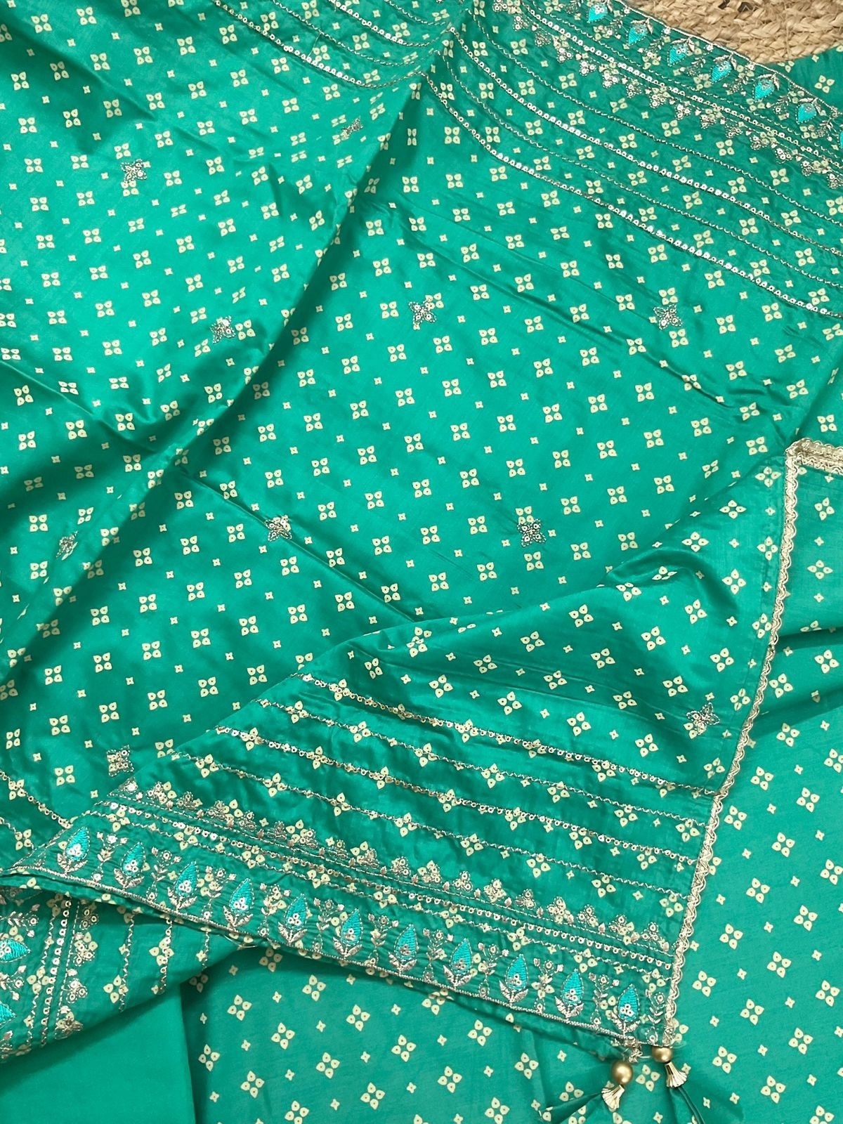 Soft Silk Printed Embroidered Suit - Green