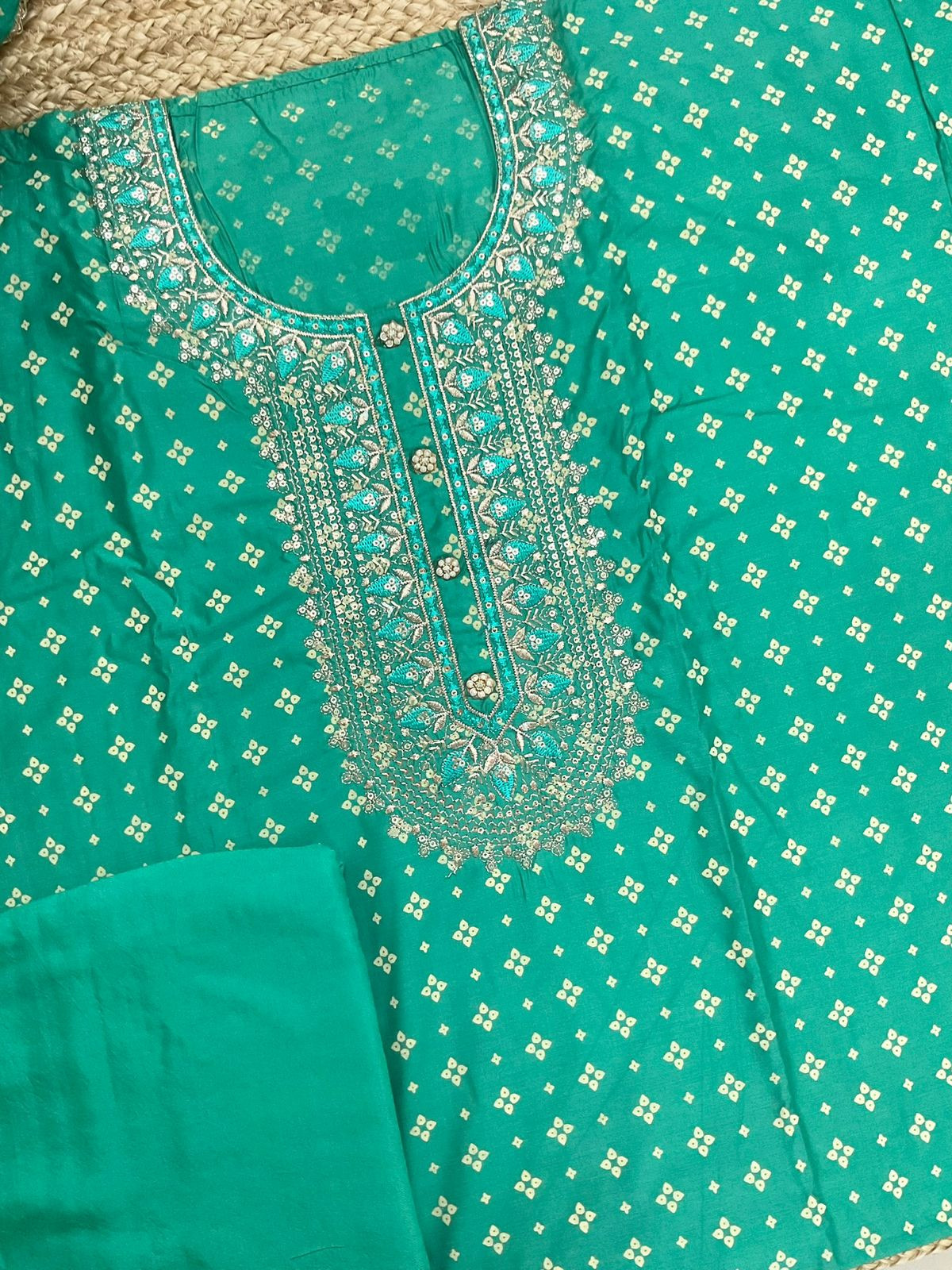 Soft Silk Printed Embroidered Suit - Green