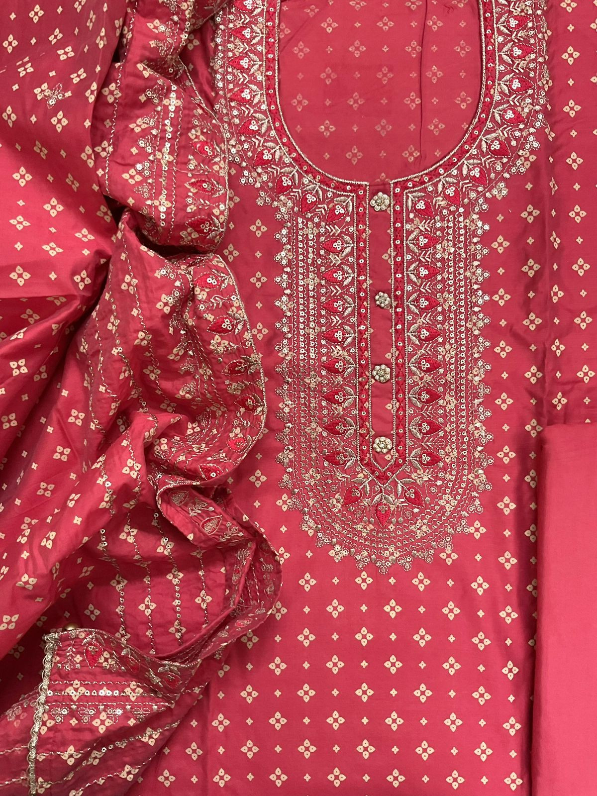 Soft Silk Printed Embroidered Suit - Red
