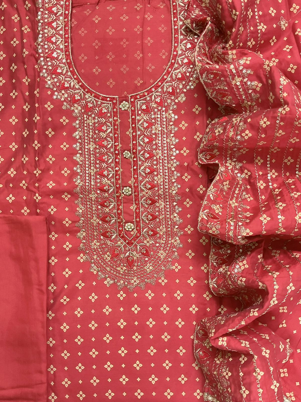 Soft Silk Printed Embroidered Suit - Red