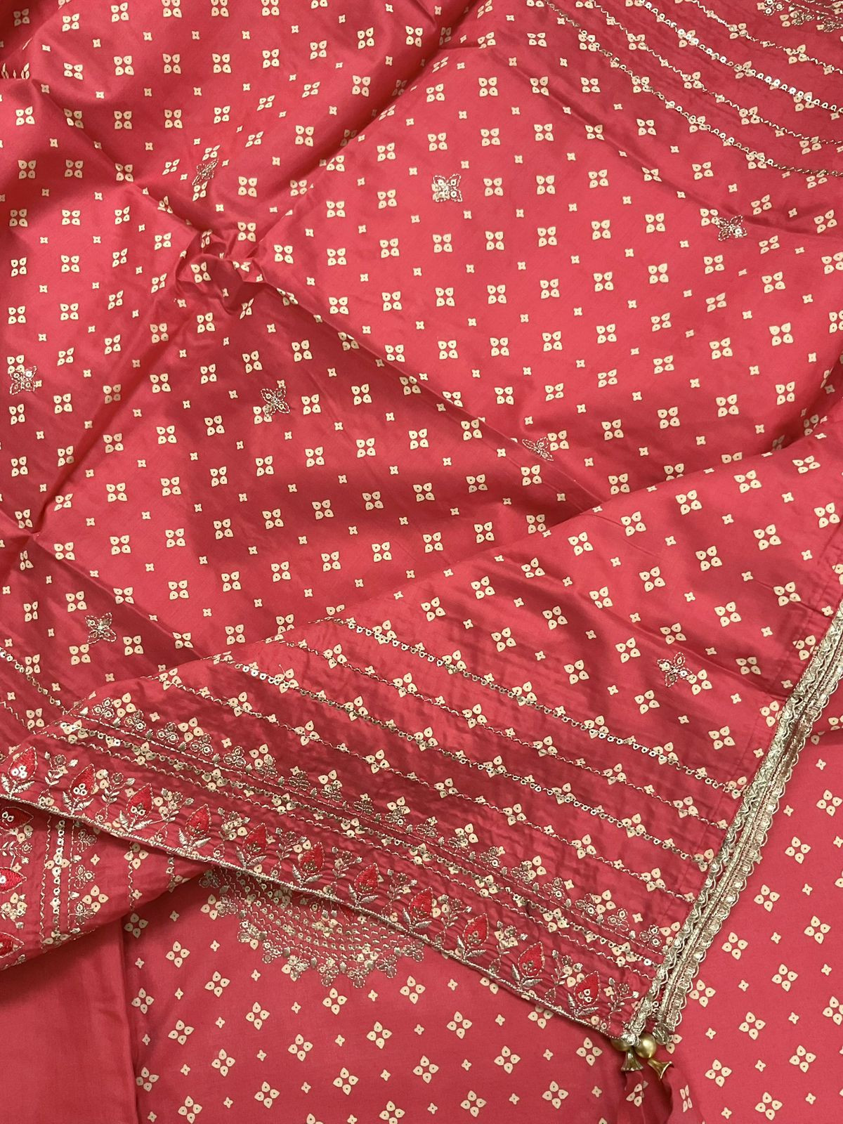 Soft Silk Printed Embroidered Suit - Red