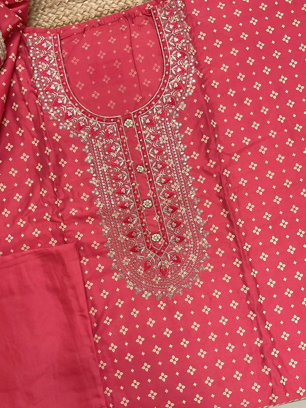 Soft Silk Printed Embroidered Suit - Red