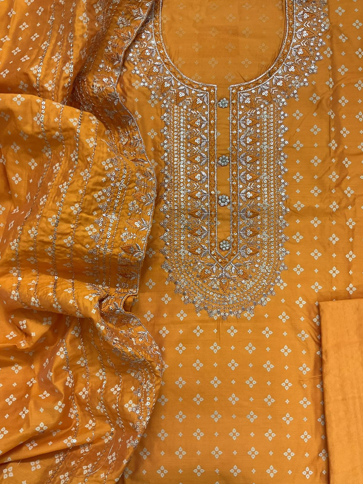 Soft Silk Printed Embroidered Suit - Mango Yellow