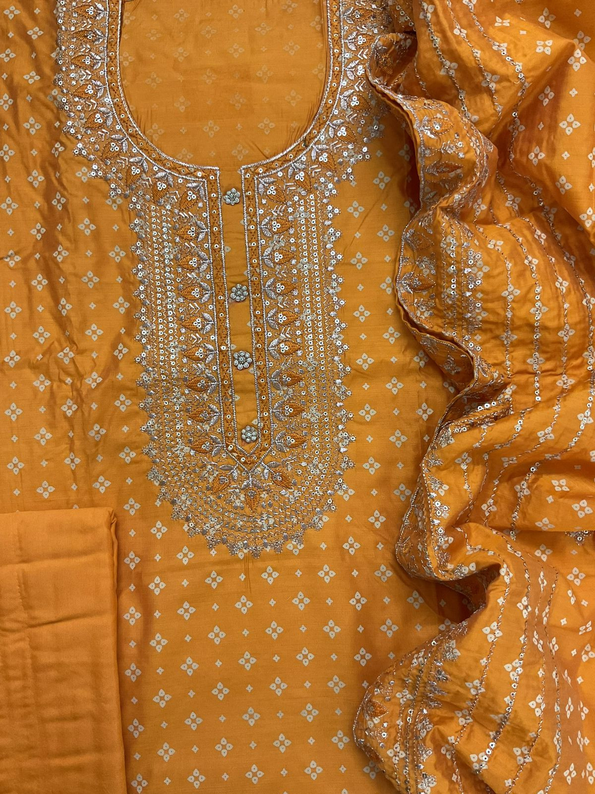 Soft Silk Printed Embroidered Suit - Mango Yellow