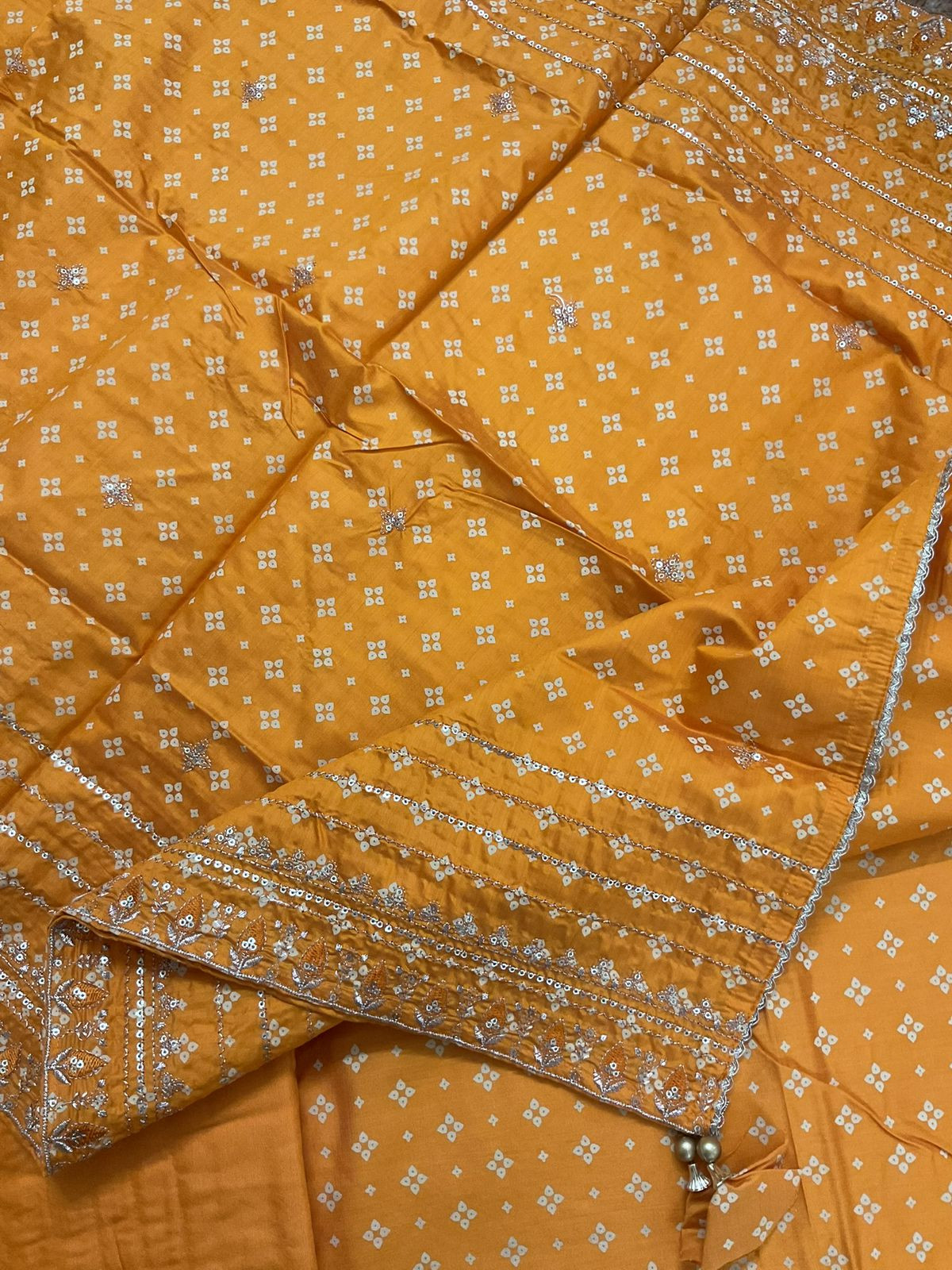 Soft Silk Printed Embroidered Suit - Mango Yellow