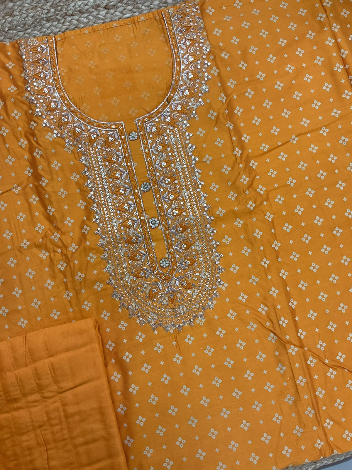 Soft Silk Printed Embroidered Suit - Mango Yellow