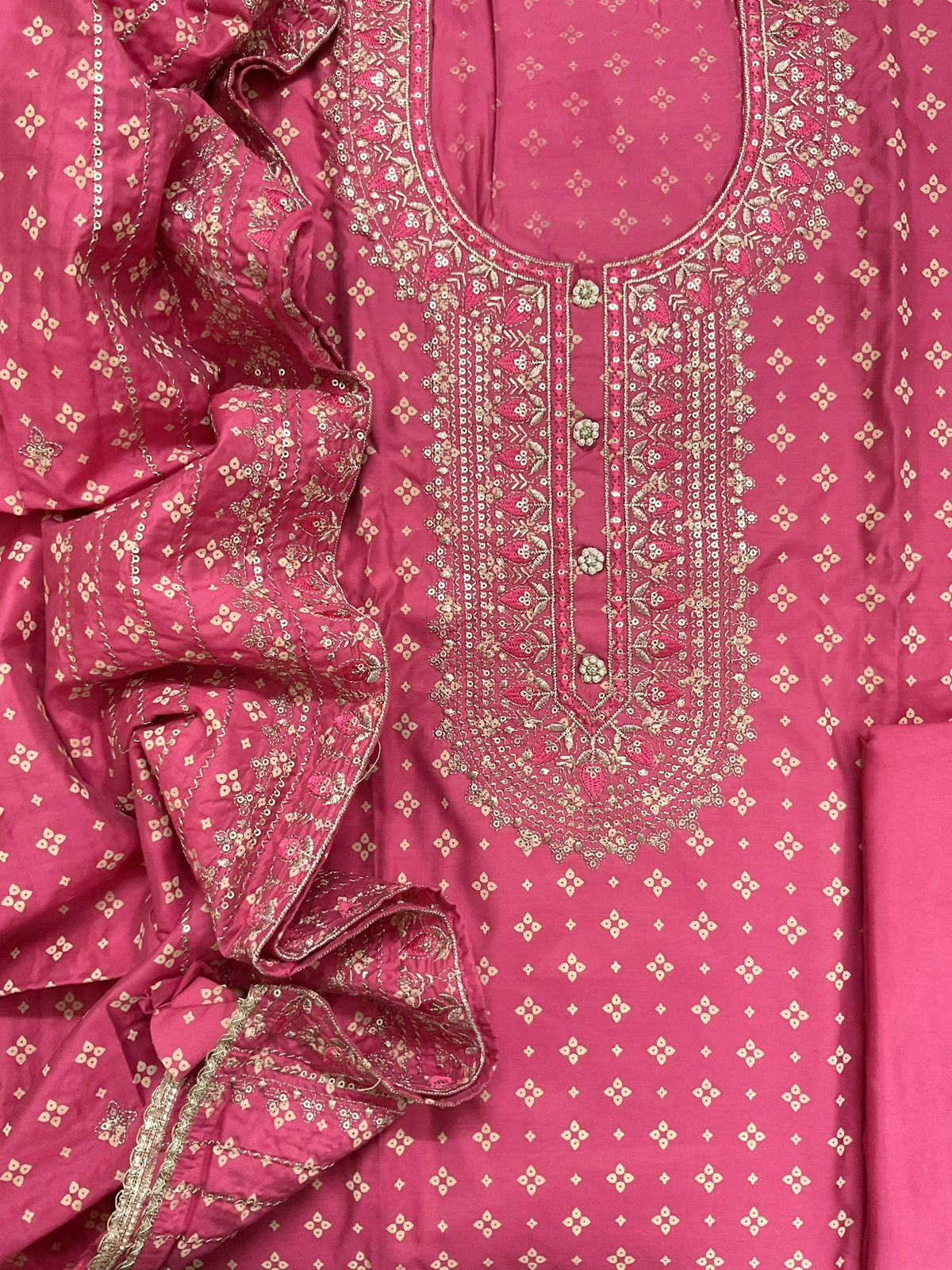 Soft Silk Printed Embroidered Suit - Pink