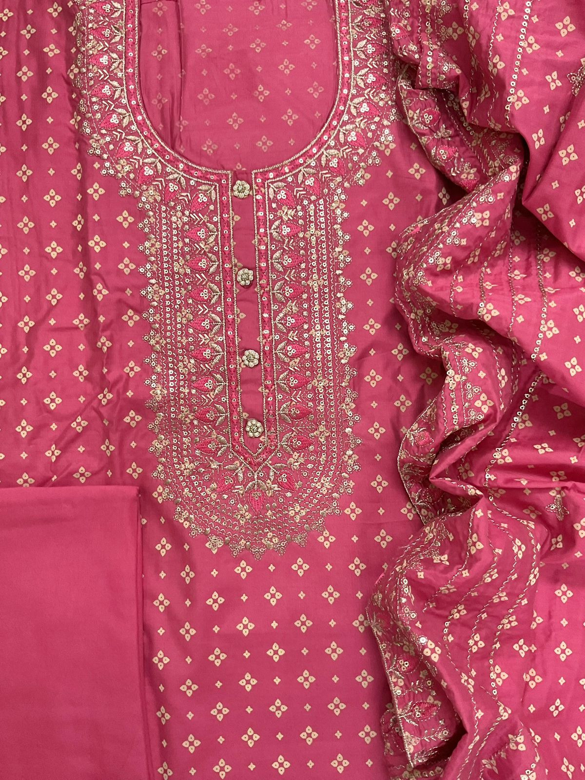 Soft Silk Printed Embroidered Suit - Pink