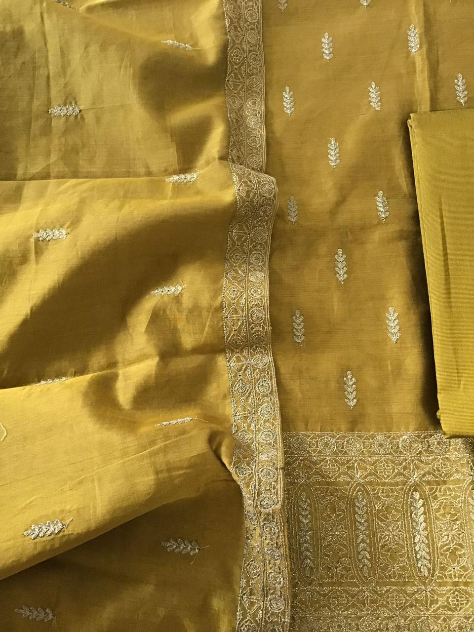 Pure Chanderi Embroidered Suit - Yellowish Green