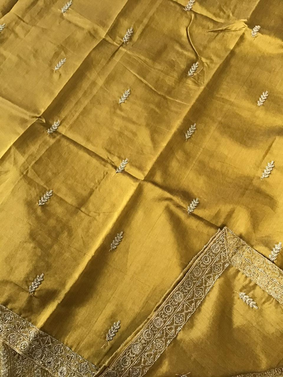 Pure Chanderi Embroidered Suit - Yellowish Green