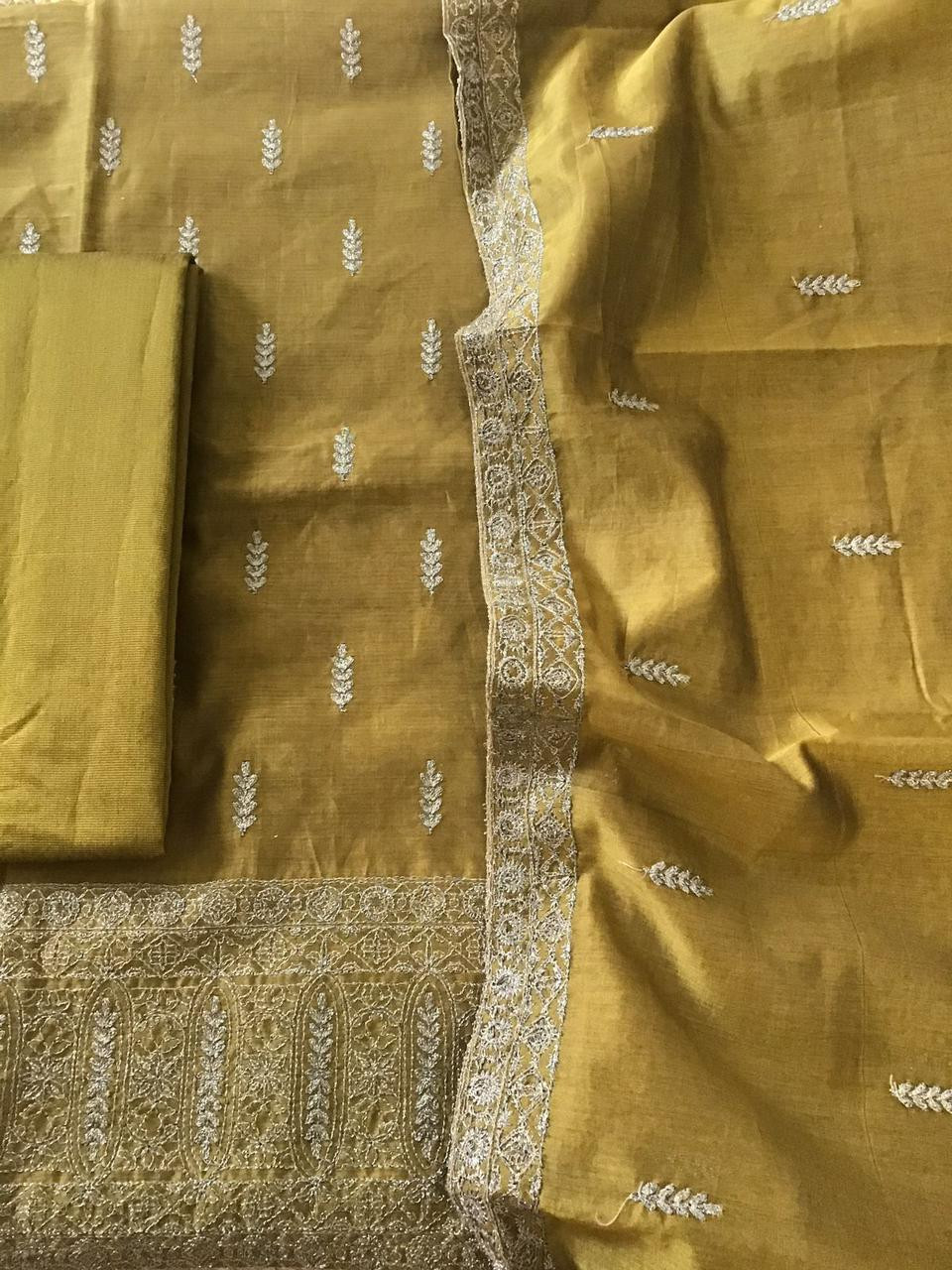 Pure Chanderi Embroidered Suit - Yellowish Green